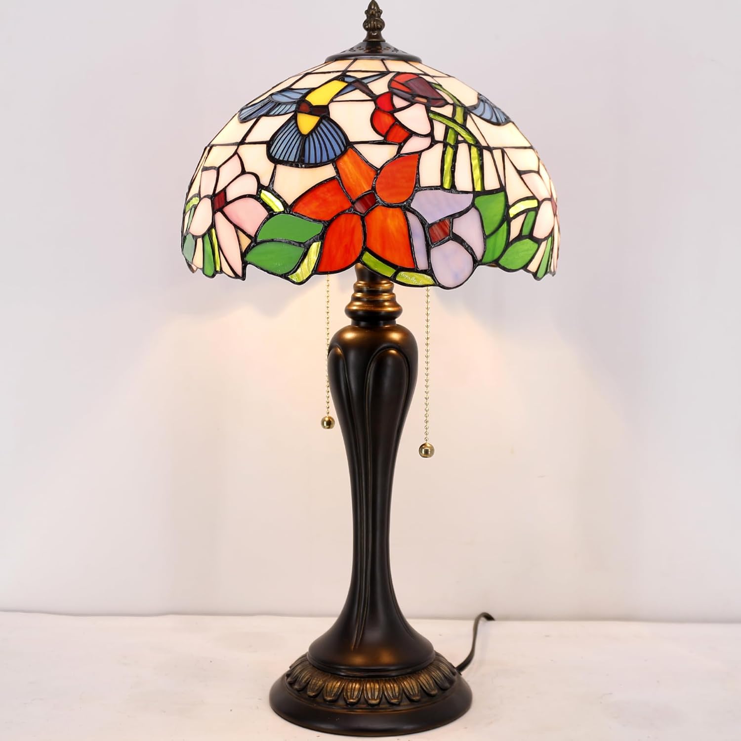 WERFACTORY Tiffany Lámpara de mesa de cristal manchado, estilo colibrí, mesita de noche, luz de lectura, 12 x 12 x 22 pulgadas, decoración para