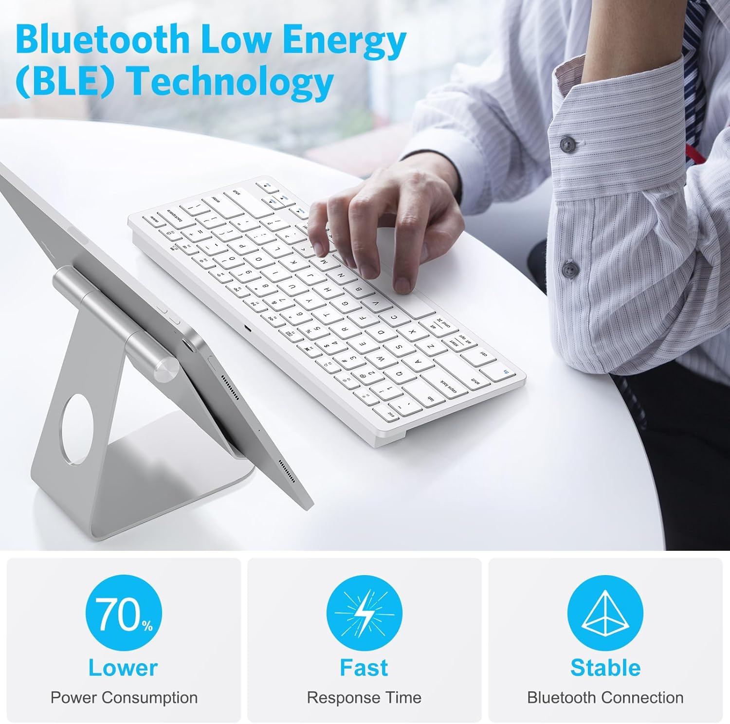 Emetok Teclado Bluetooth universal para iPad, teclado con tecnología BLE mejorada con conexión inquebrantable, duración de la batería de 18 meses,