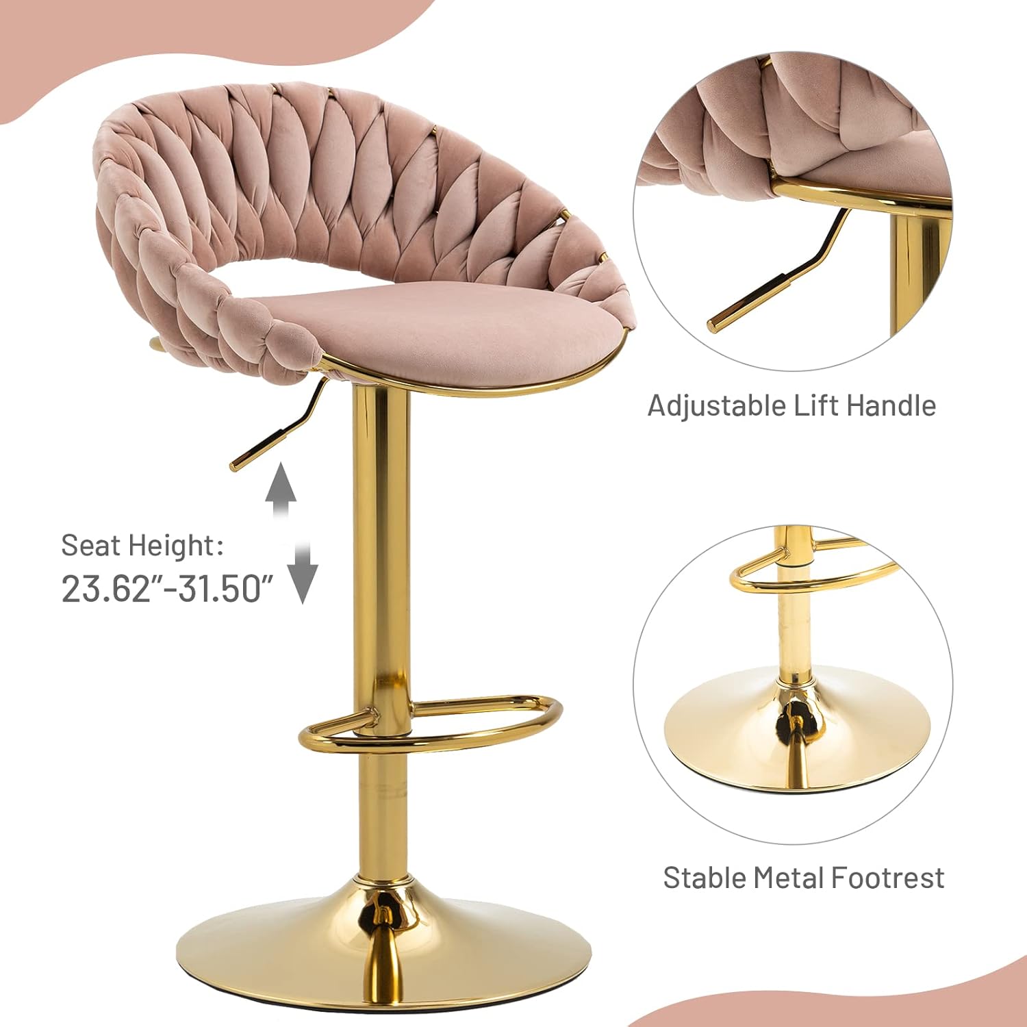 Moderno juego de 2 taburetes de bar giratorios de terciopelo, cómodos taburetes de bar ajustables con respaldo curvado tejido a mano, patas doradas