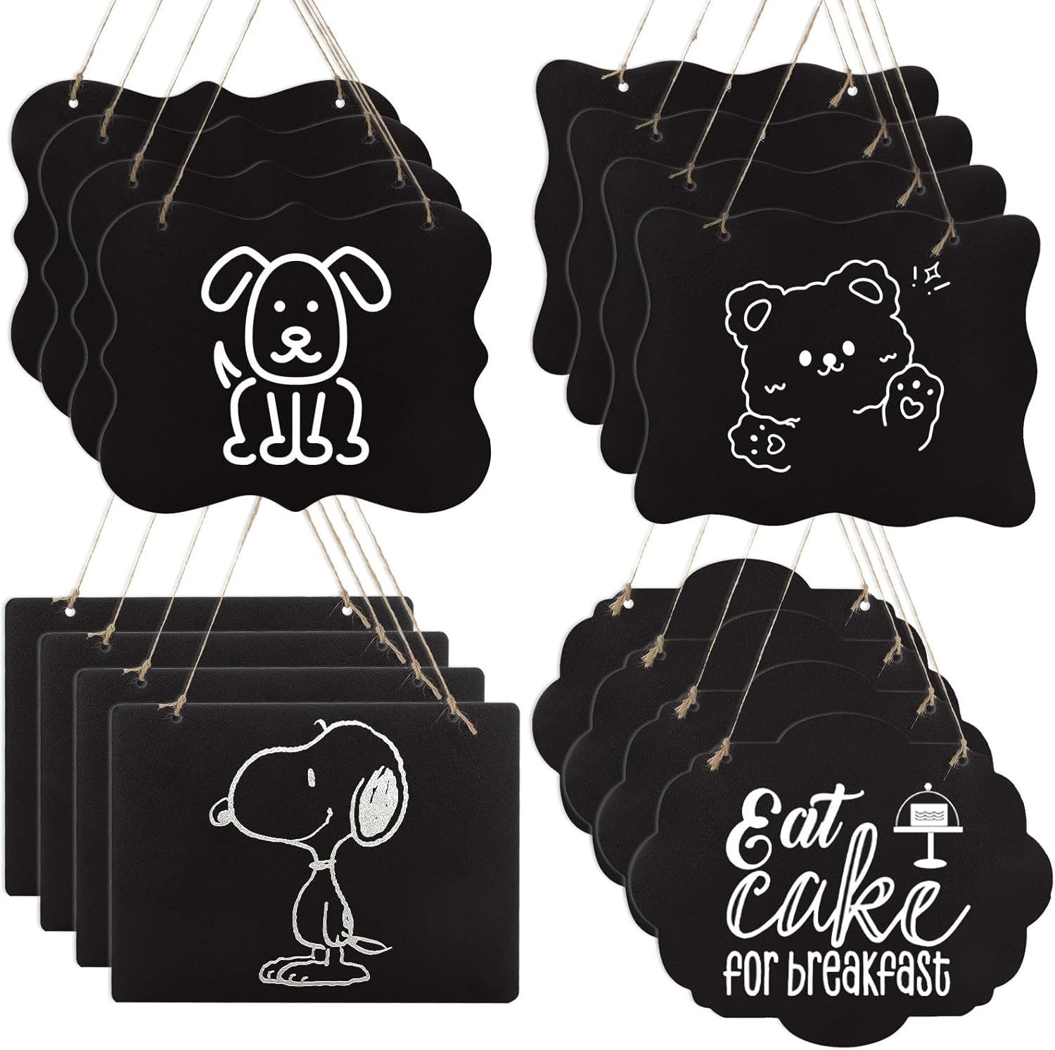 GBACHOOSE 16 letreros colgantes de pizarra de tiza de 8 x 10 pulgadas con cuerda, 4 formas lindas, tablero de mensajes borrable para bodas, bares,