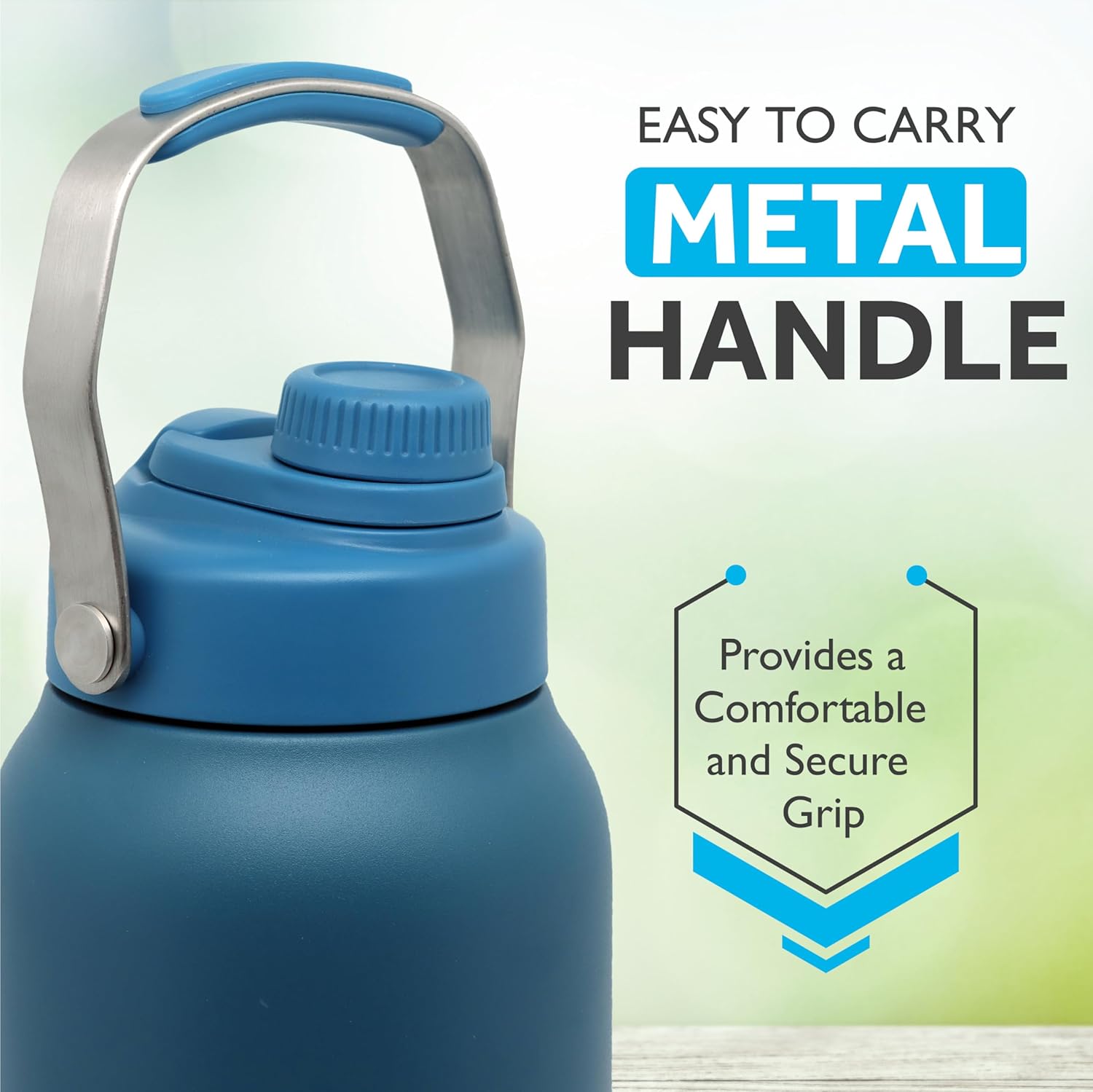 Botellas de agua aisladas de medio galón, jarra de agua de 64 onzas con mango de metal, botella de agua térmica apta para lavavajillas, boca ancha,