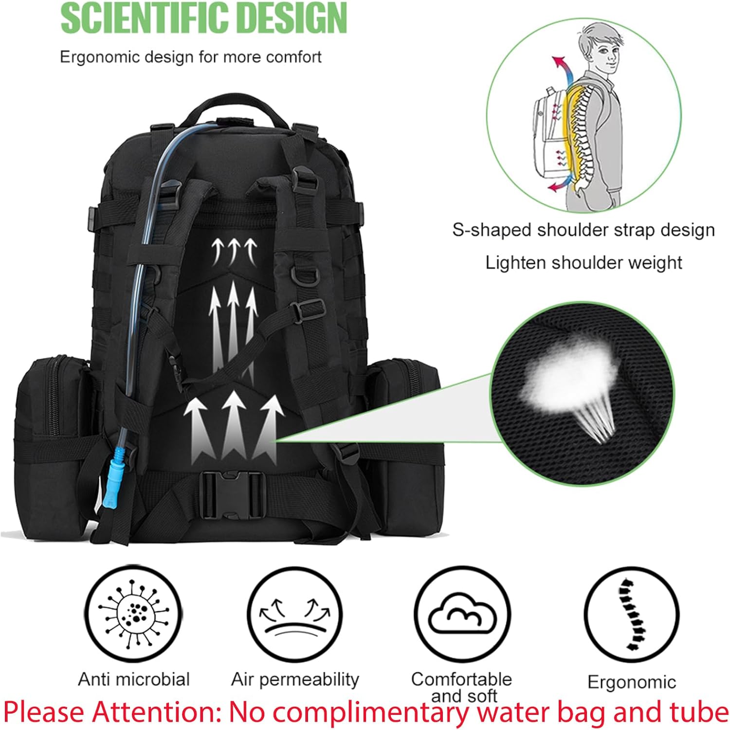 Mochila táctica militar para hombres, mochila militar negra para hombres y mujeres, Negro-2, Negro