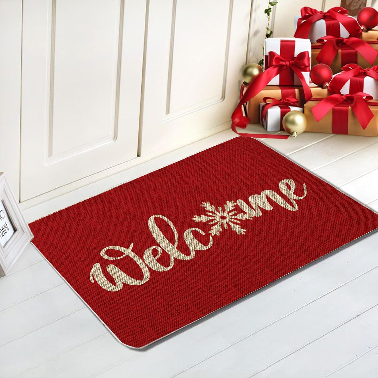 GAGEC Tapete de Navidad para exteriores, tapete rojo de bienvenida con copos de nieve, tapete de entrada para puerta de invierno, decoración de casa