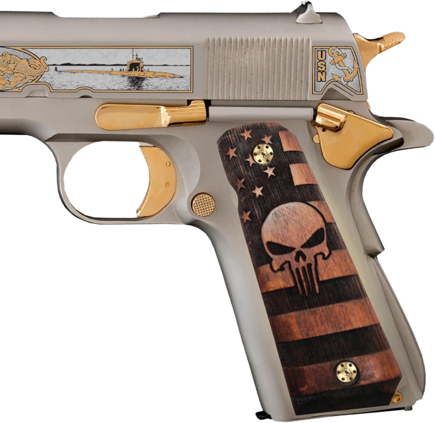 Serie Punisher 1911 de la bandera de Estados Unidos, empuñaduras de pistola de madera 1911, corte de seguridad Ambi para 1911 tamaño completo,