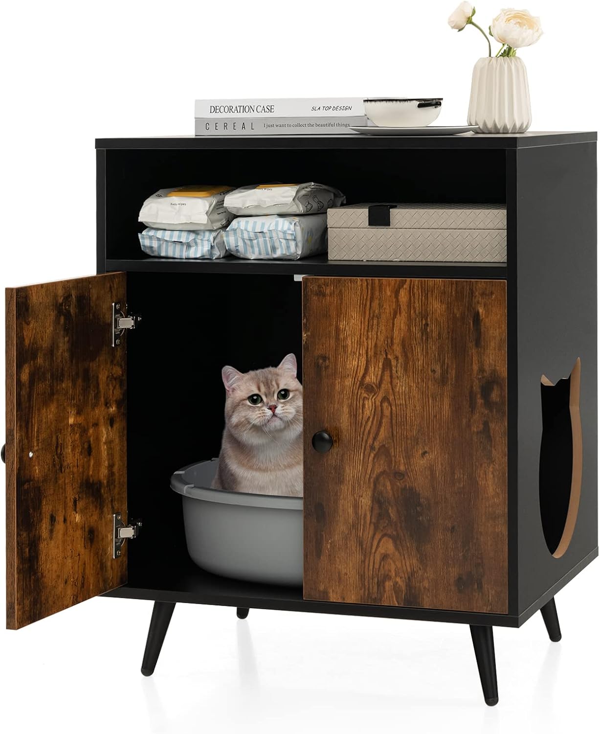 PETSITE Caja de arena para gatos, caja de arena cerrada de madera con estantes, caja de arena oculta mesa auxiliar para muebles