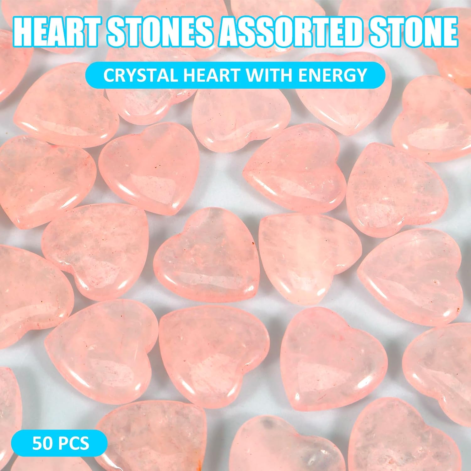 Juego de 50 cristales en forma de corazón, mini piedras de cristales de corazón, piedras de preocupación surtidas en forma de corazón, cuarzo rosa,