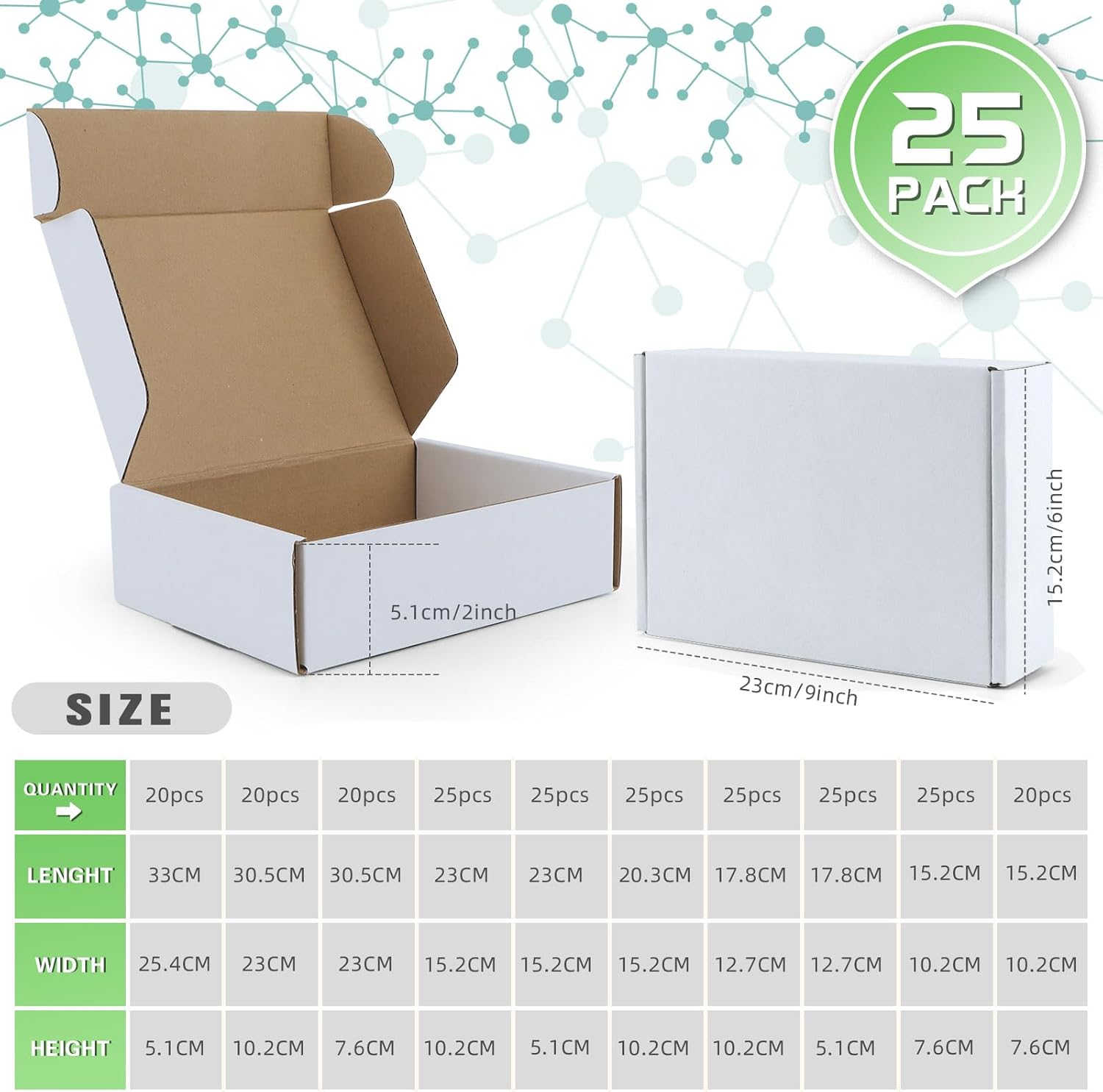 Paquete de 25 cajas de envío de 9 x 6 x 2 pulgadas para pequeñas empresas, cajas de cartón corrugado blanco para envío de correo, cajas de cartón
