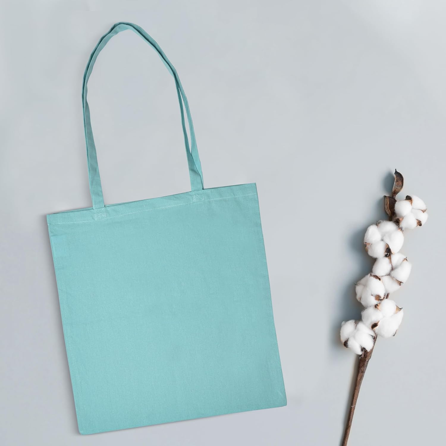 Urban Villa Paquete de 48 bolsas de comestibles reutilizables de 15 x 16 pulgadas con mango largo de 27 pulgadas, color aguamarina, 100% algodón,
