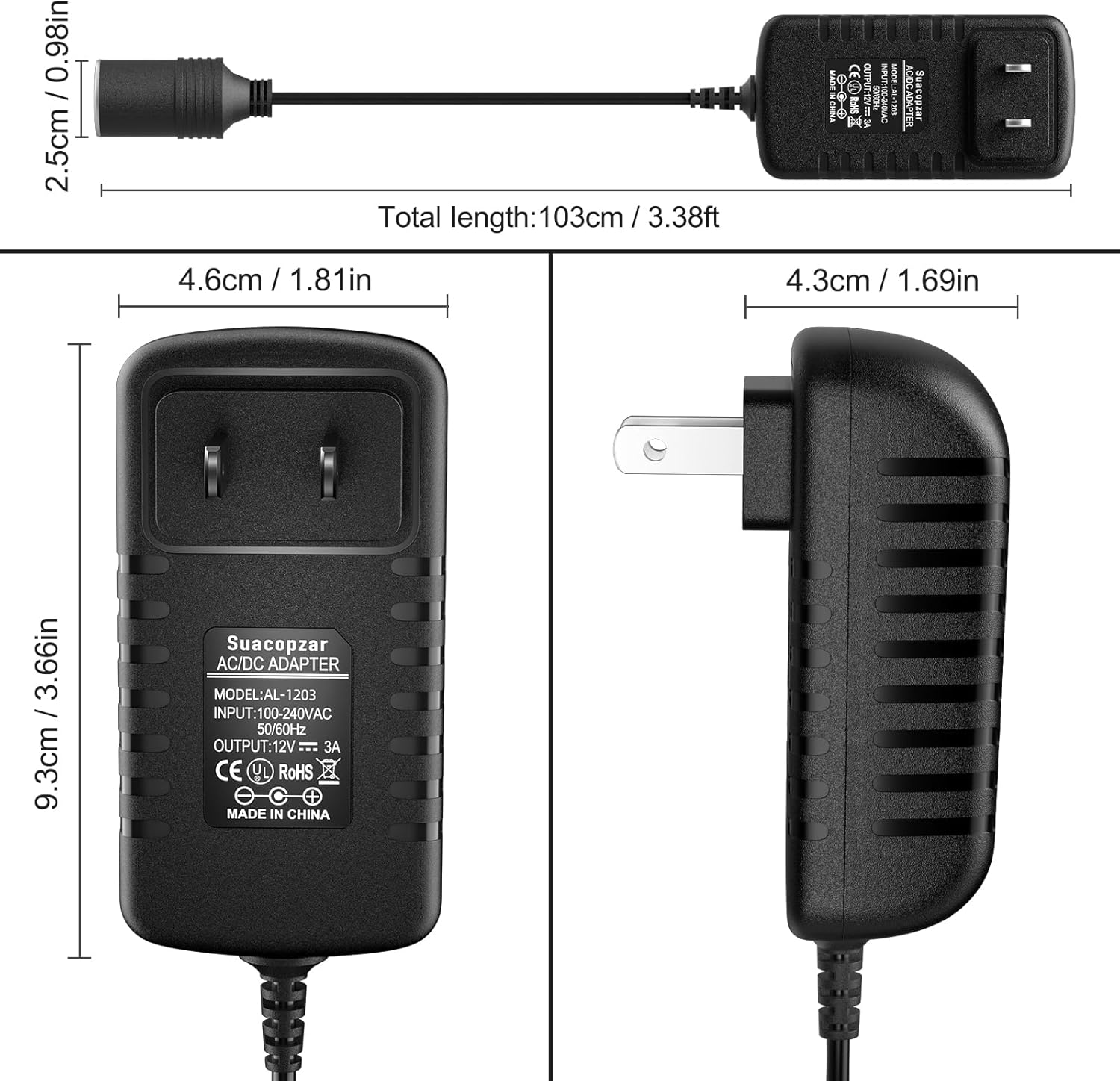 12V 3A 36W AC a DC Convertidor de encendedor de cigarrillos de coche (no para dispositivo de alta potencia), AC 110-240V a DC 12V Fuente de