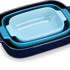 LOVECASA Juego de 3 cacerolas para horno, platos de cerámica para hornear, sartenes rectangulares para lasaña profundas con asas, moldes para LOVECASA Juego de 3 cacerolas para horno, platos de cerámica para hornear, sartenes rectangulares para lasaña profundas con asas, moldes para