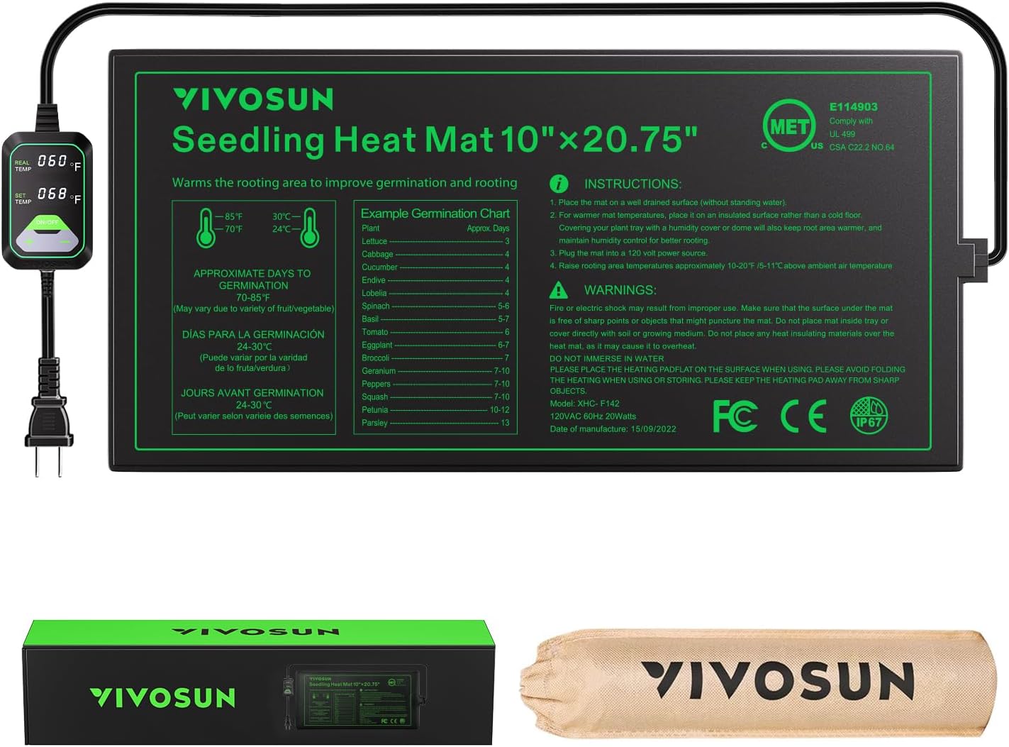 VIVOSUN Tapete térmico de plántulas de 10 x 20.75 pulgadas con controlador de temperatura integrado, almohadilla térmica impermeable con