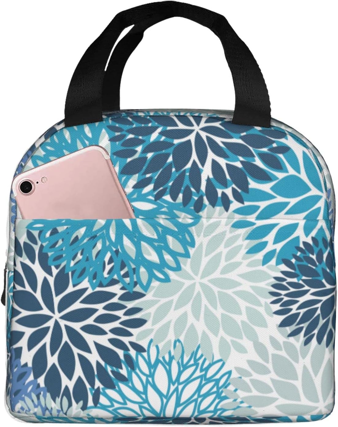 Bolsa de almuerzo con flores de crisantemo, color azul marino, compacta, reutilizable, contenedor para mujeres, hombres, escuela, oficina, trabajo,