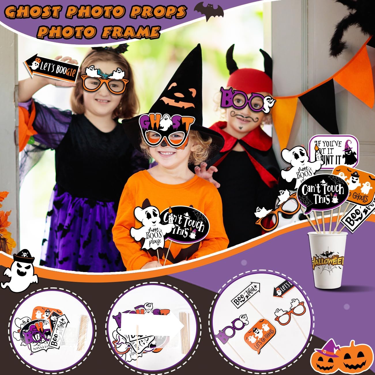 Marco de accesorios para cabina de fotos de fiesta de Halloween, kit de decoración de fotografía de Halloween, incluye marco de fotos de fantasma de