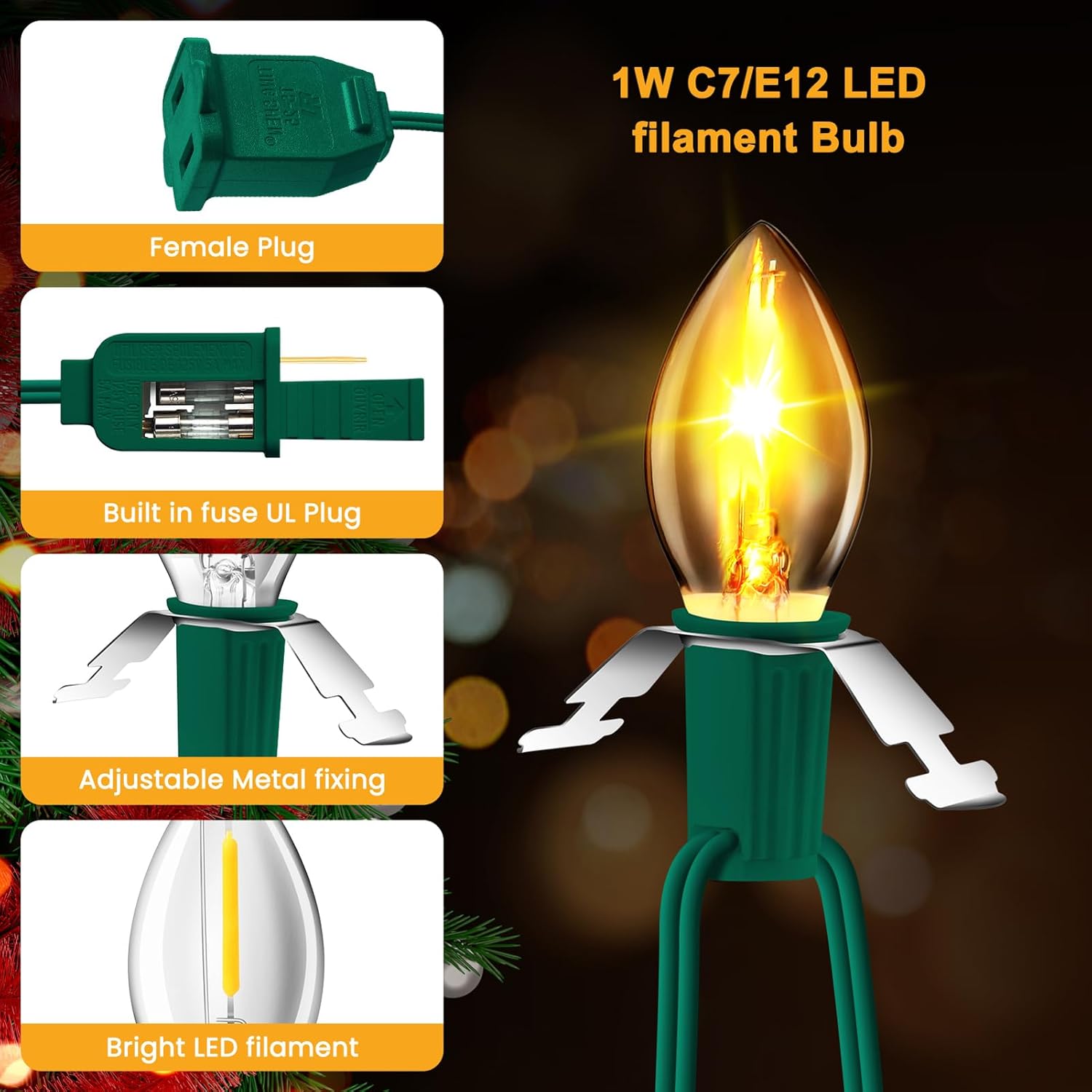 JOZDAUP Sistema de iluminación, cable de accesorios verde de 3.3 pies con 1 bombilla LED C7 fusible, paquete de 4, cable de luces de molde por