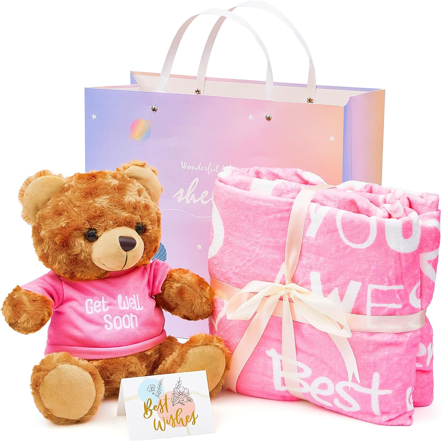 Liliful 4 piezas de regalos para mujeres después de la cirugía, juguetes de oso de peluche Get Well Throw Blanket Get Well Bolsa de regalo, tarjeta
