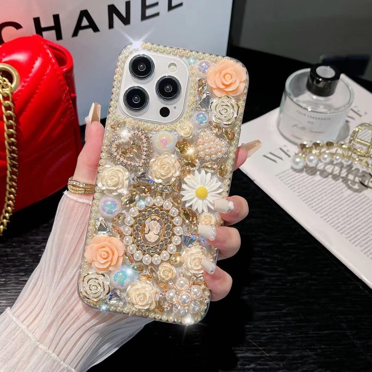 iFiLOVE Funda con diamantes de imitación y correa de flores, 3D de lujo, con diamantes de imitación y diamantes de imitación y rosas de amor, para