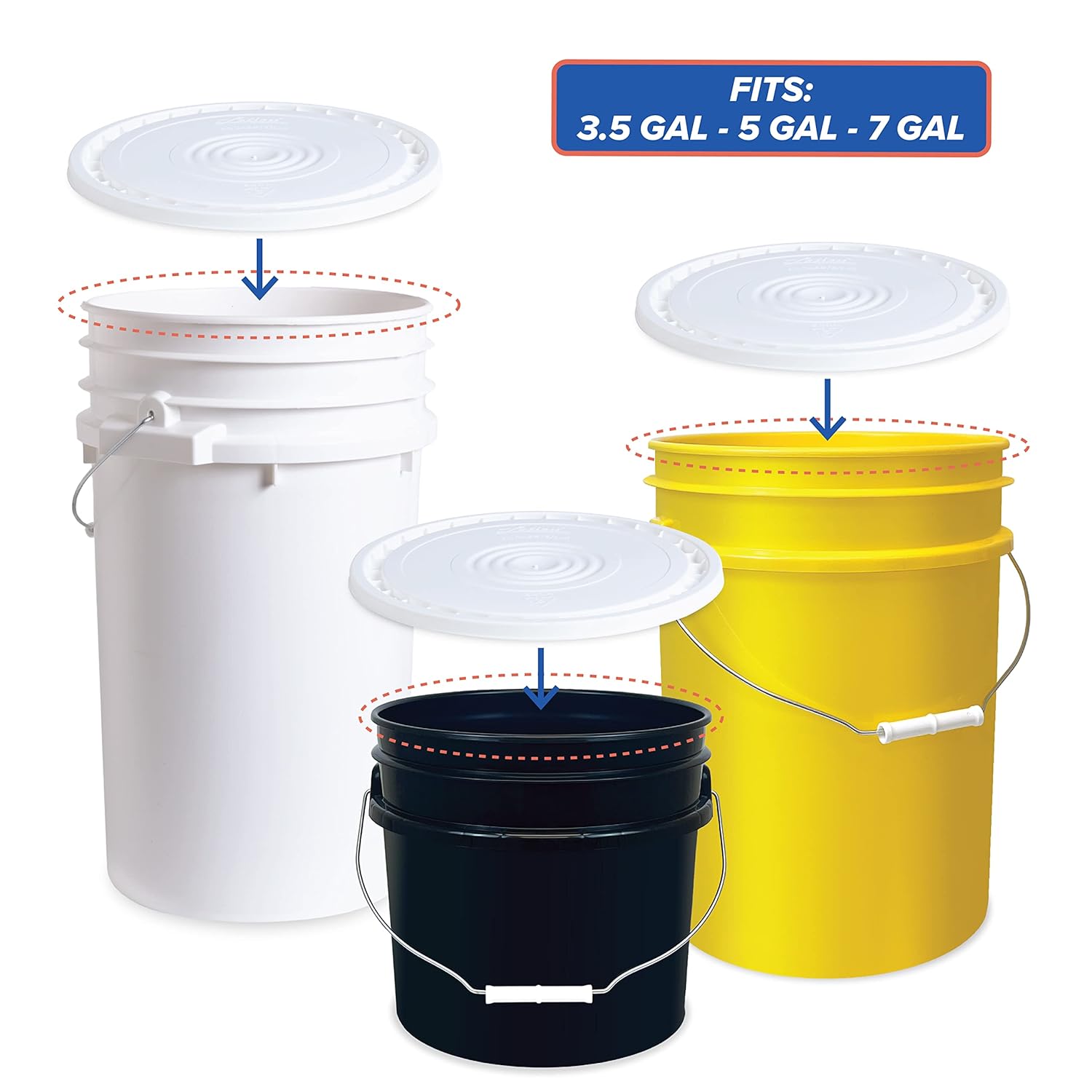 Tapa reutilizable fácil de despegar para cubos de 3.5, 5, 6 y 7 galones, plástico HPDE de premimum, sin BPA, fabricado en Estados Unidos, color