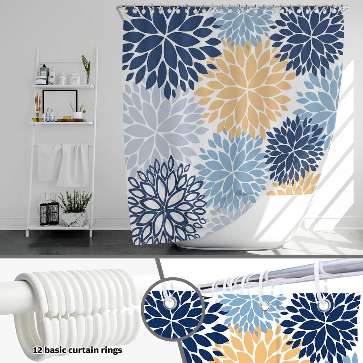 Mocsicka Cortina de ducha con flores de dalia azul, amarillo y azul marino, cortina de ducha floral de primavera para baño con 12 ganchos, 72 x 72