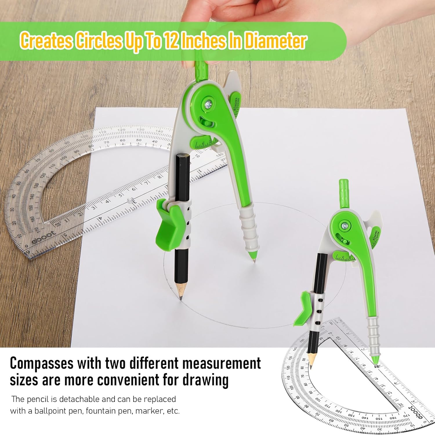 EBOOT Juego de matemáticas de geometría para estudiantes, brújula de dibujo y transportadores de brazo oscilante transparente de 6 pulgadas,