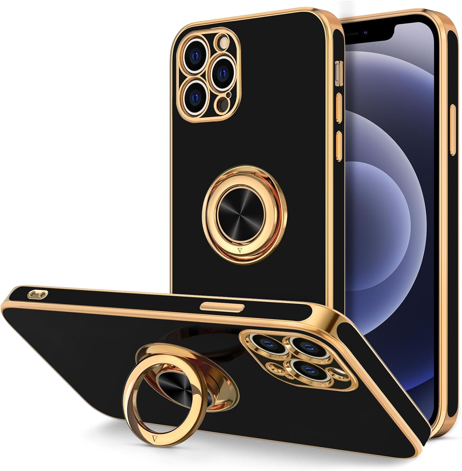 Hython Funda para iPhone 12 Pro con soporte de anillo soporte de anillo giratorio de 360 con soporte magnético chapado de lujo en oro rosa suave TPU