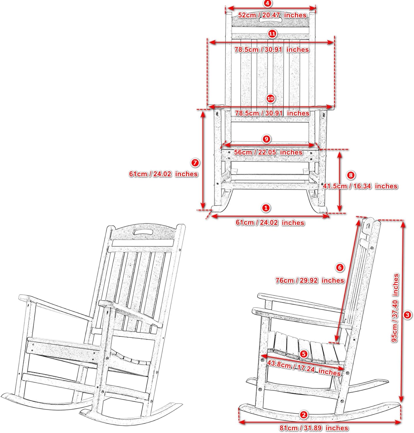Mecedora para exteriores, resistente a todo tipo de clima, silla mecedora de madera de polietileno para exteriores, respaldo alto, sillas mecedoras