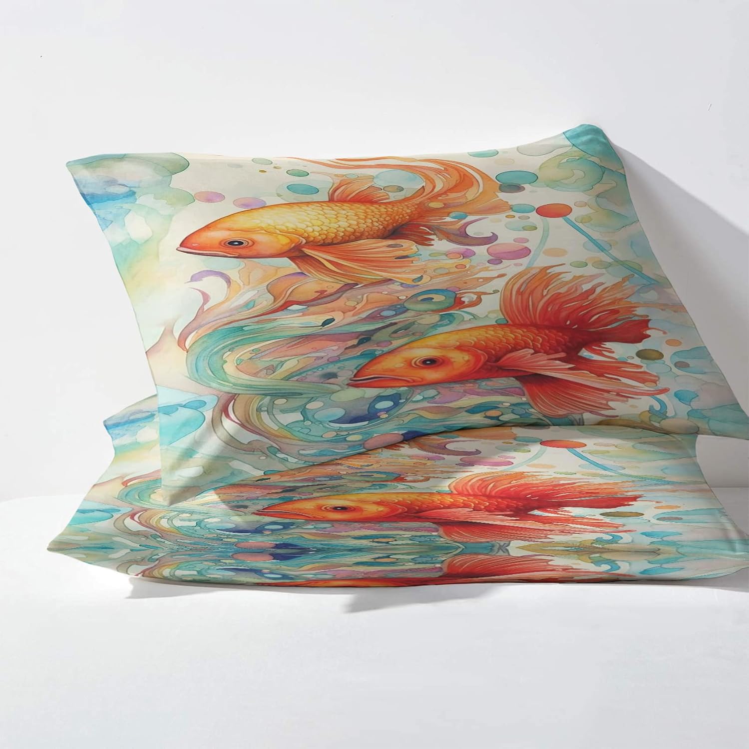 Koi Fish Sábanas tamaño King, sábanas de estilo japonés, sábanas y fundas de almohada estampadas de 4 piezas, sábana bajera ajustable de microfibra