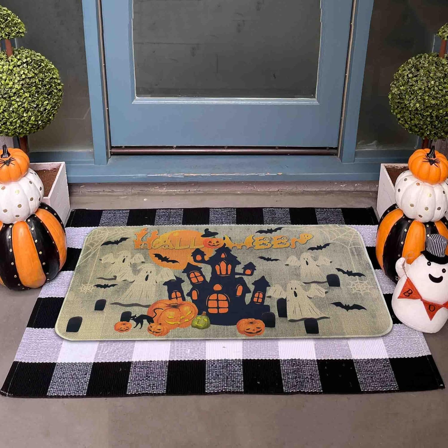 boilopp home Tapete de Halloween antideslizante para puerta delantera, decoración de Halloween, para interiores y exteriores, de bajo perfil, de