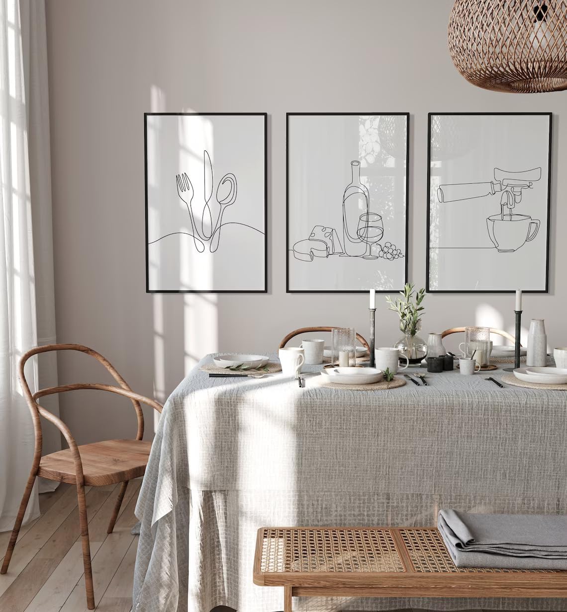 3 piezas de arte de pared de dibujo en línea, moderno, blanco y negro, minimalista, cocina, arte abstracto, impresiones artísticas de comedor,