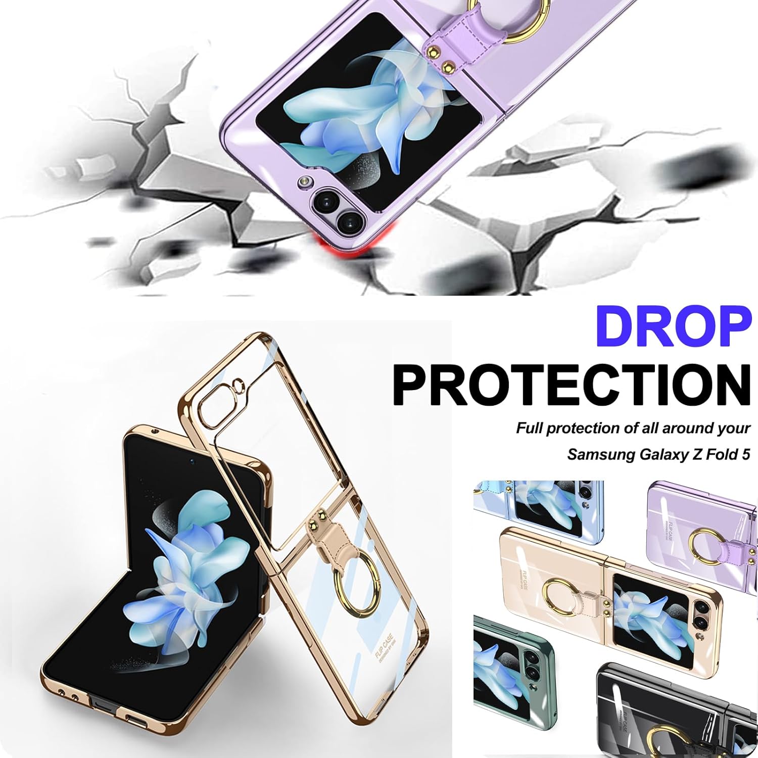 Miimall Funda para Samsung Galaxy Z Flip 5 2023, con soporte de anillo de fácil sujeción, plegable ultrafina, sin amarilleo, cubierta trasera