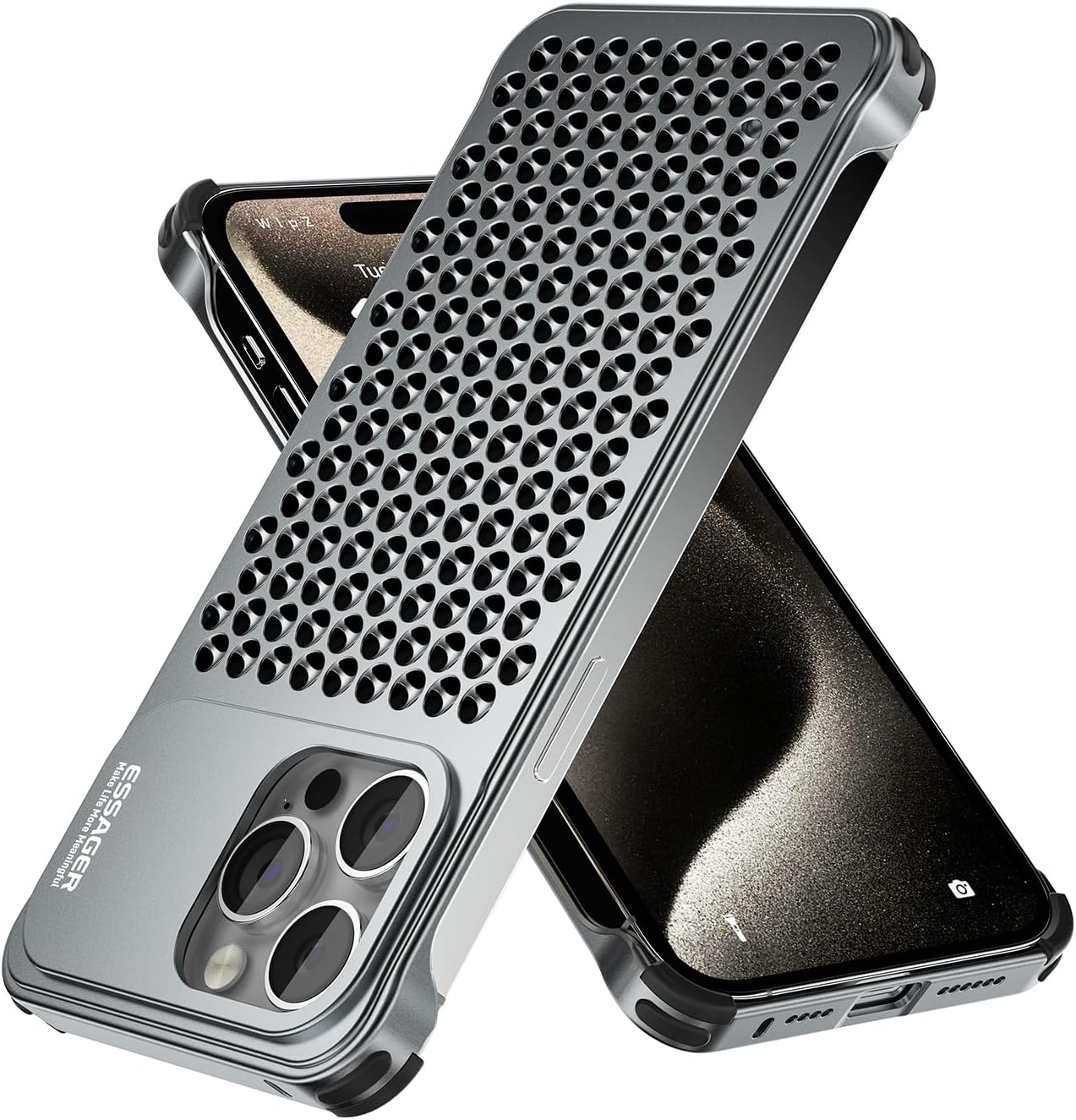 ESSAGER Aleación de aluminio 3D de disipación de calor agujeros anticaída bisel delgado caso para iPhone 13 Pro Max (para iphone13 pro max, gris)