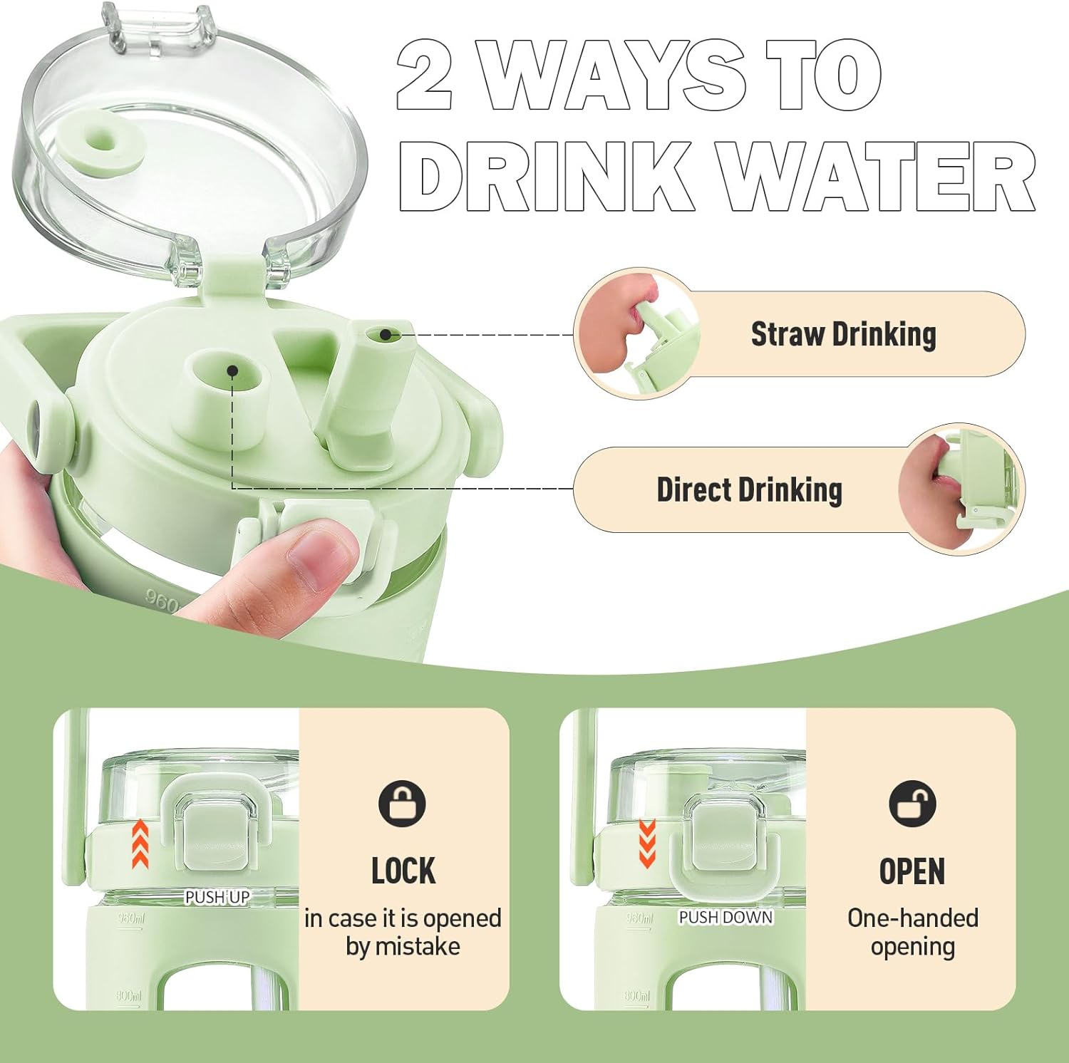 BLUEGO Botella de agua de vidrio de 32 onzas con popote y tapa, botella de agua potable de vidrio con asa, taza de café helado con marcador de