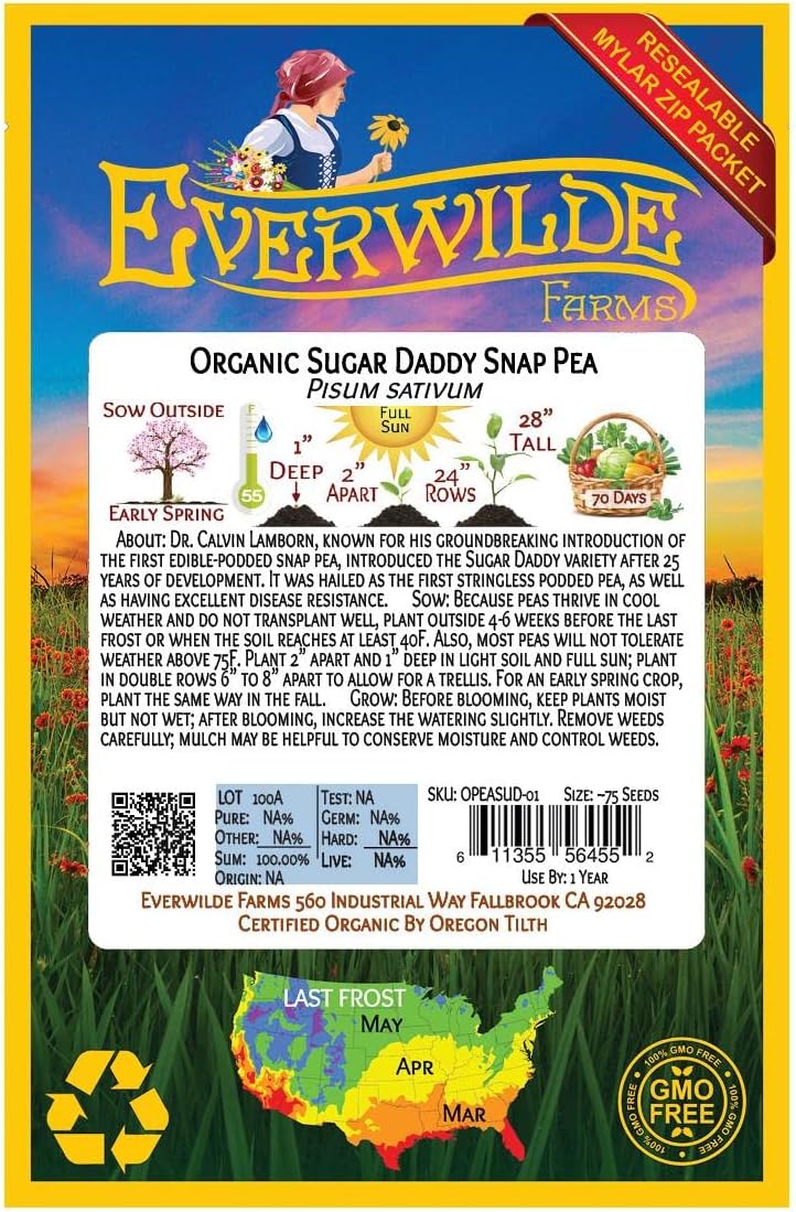 Everwilde Farms – 75 semillas de guisantes orgánicos Sugar Daddy – Paquete Gold Vault