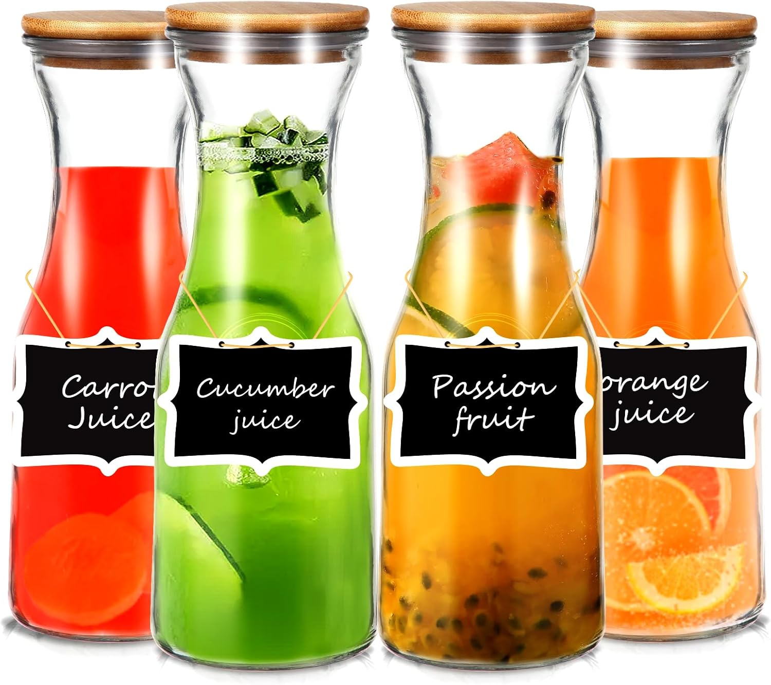 Jarra con tapas Juego de 4 jarras de vidrio con tapas de bambú de 1 litro para barra de mimosa con 4 tarjetas etiquetadas jarra de jugo para barra