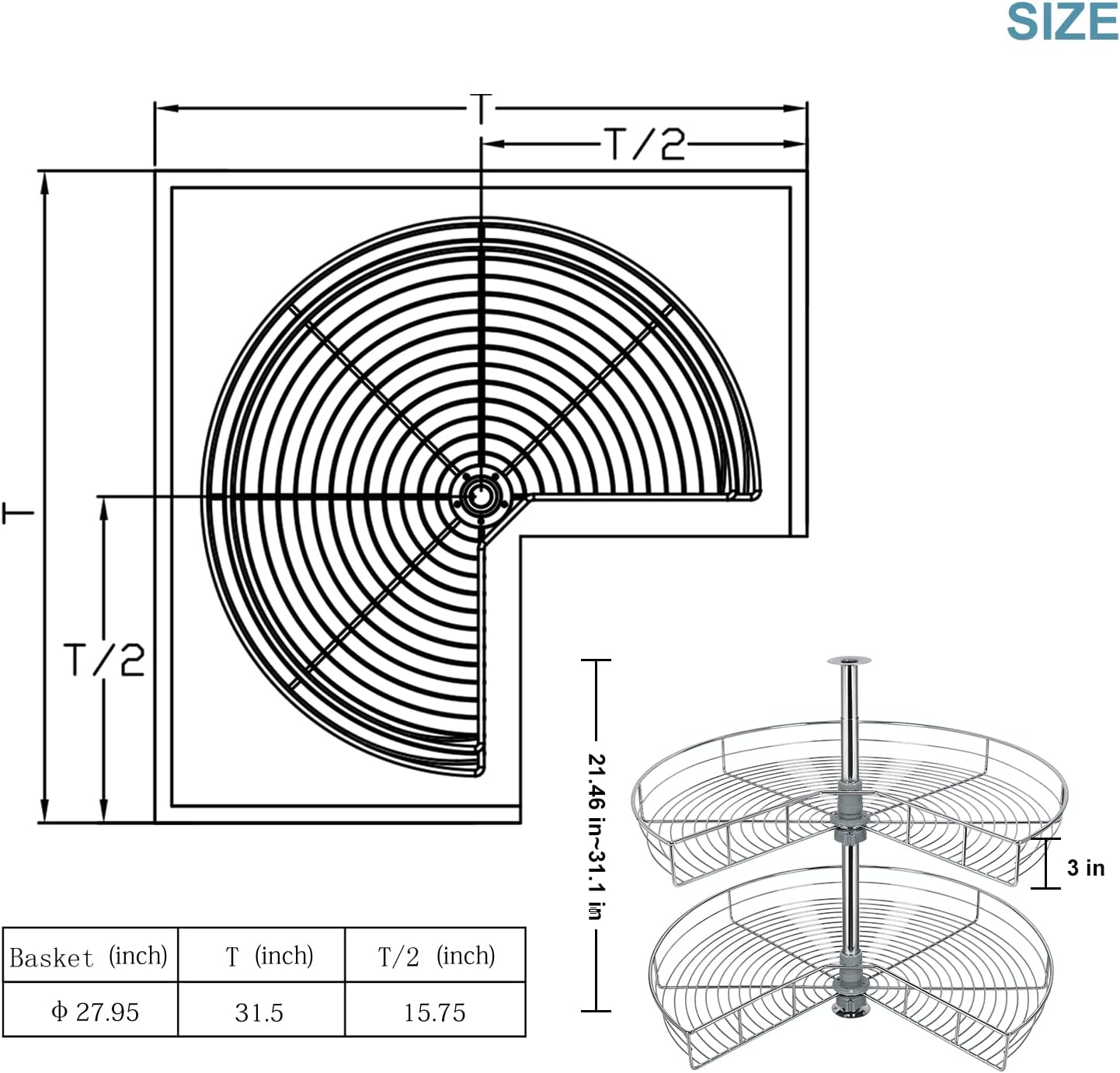 Duwee Organizador de esquina de gabinete Lazy Susan de 2 niveles, gabinete giratorio de 360, esquina ciega de acero inoxidable, Lazy Susan, estante