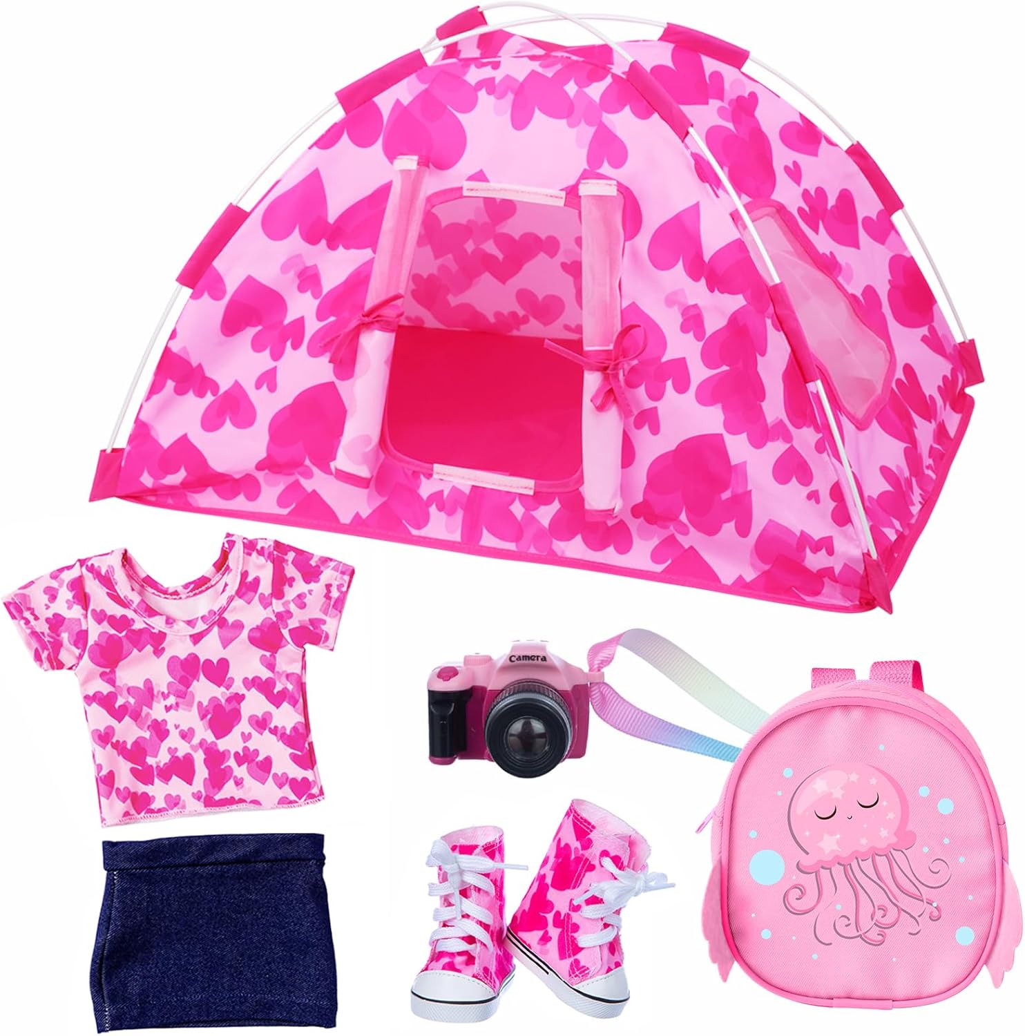Ecore Fun Juego de 6 tiendas de campaña para muñecas de 18 pulgadas y accesorios que incluyen tienda de campaña para muñecas de 18 pulgadas, mochila