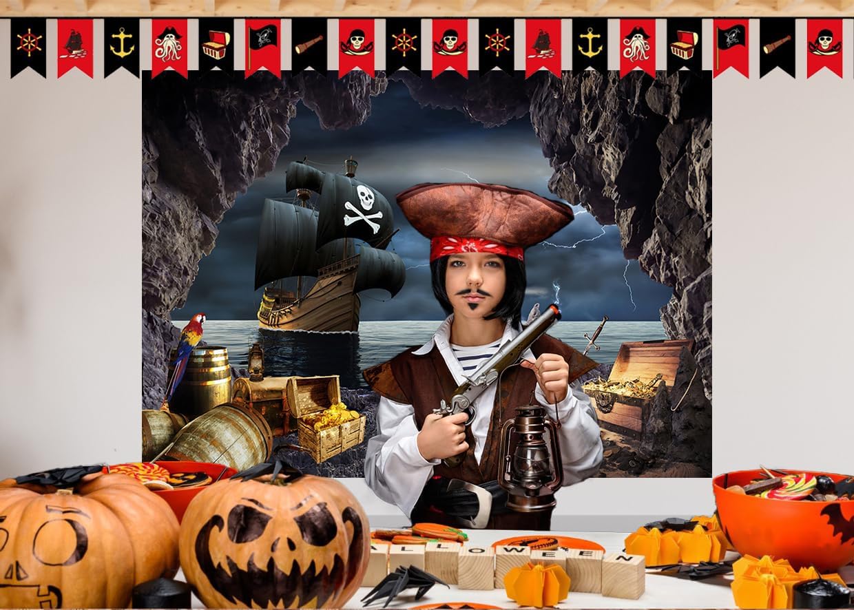 Telón de fondo de barco pirata de 7 x 5 pies, aventura náutica, búsqueda del tesoro, fotografía, telón de fondo, tema pirata, fondo de fotografía