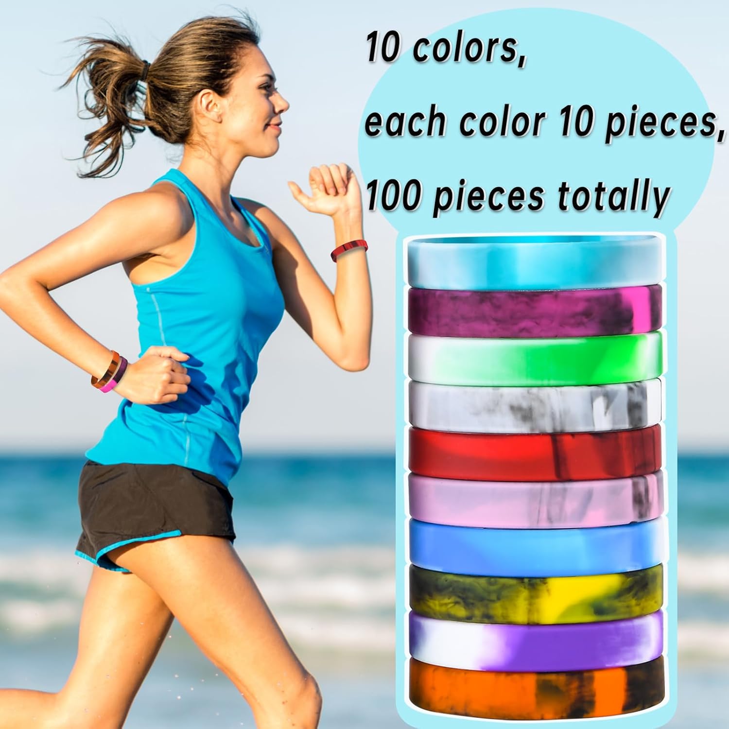 100 pulseras de silicona de colores, pulseras de goma de colores, pulseras deportivas lisas de silicona elástica para adultos, adolescentes,