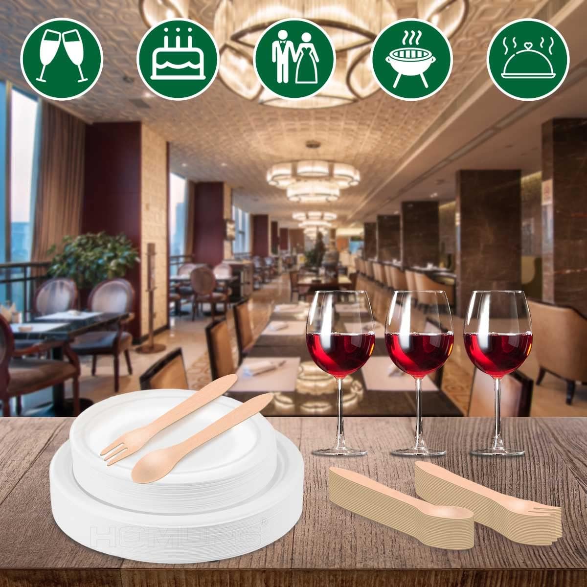 Tenedores y cucharas de madera desechables para 50 invitados, 100 unidades compostables para servir fiestas, juego de cubiertos de postre ensalada
