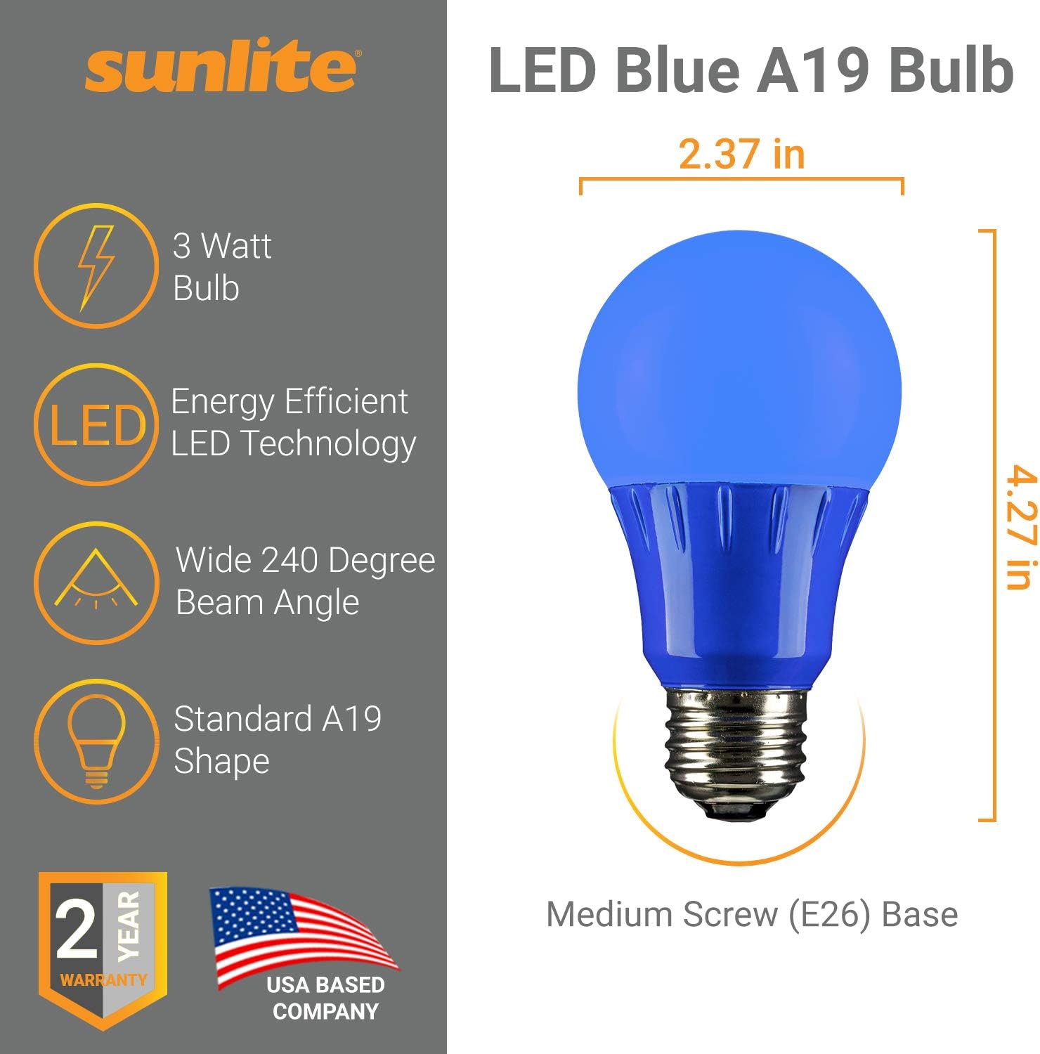 Sunlite A193WBLED – Foco LED de color A19, 3 W (equivalente a 25 W), base mediana E26, no regulable, certificación UL, 1 unidad (paquete de 1),