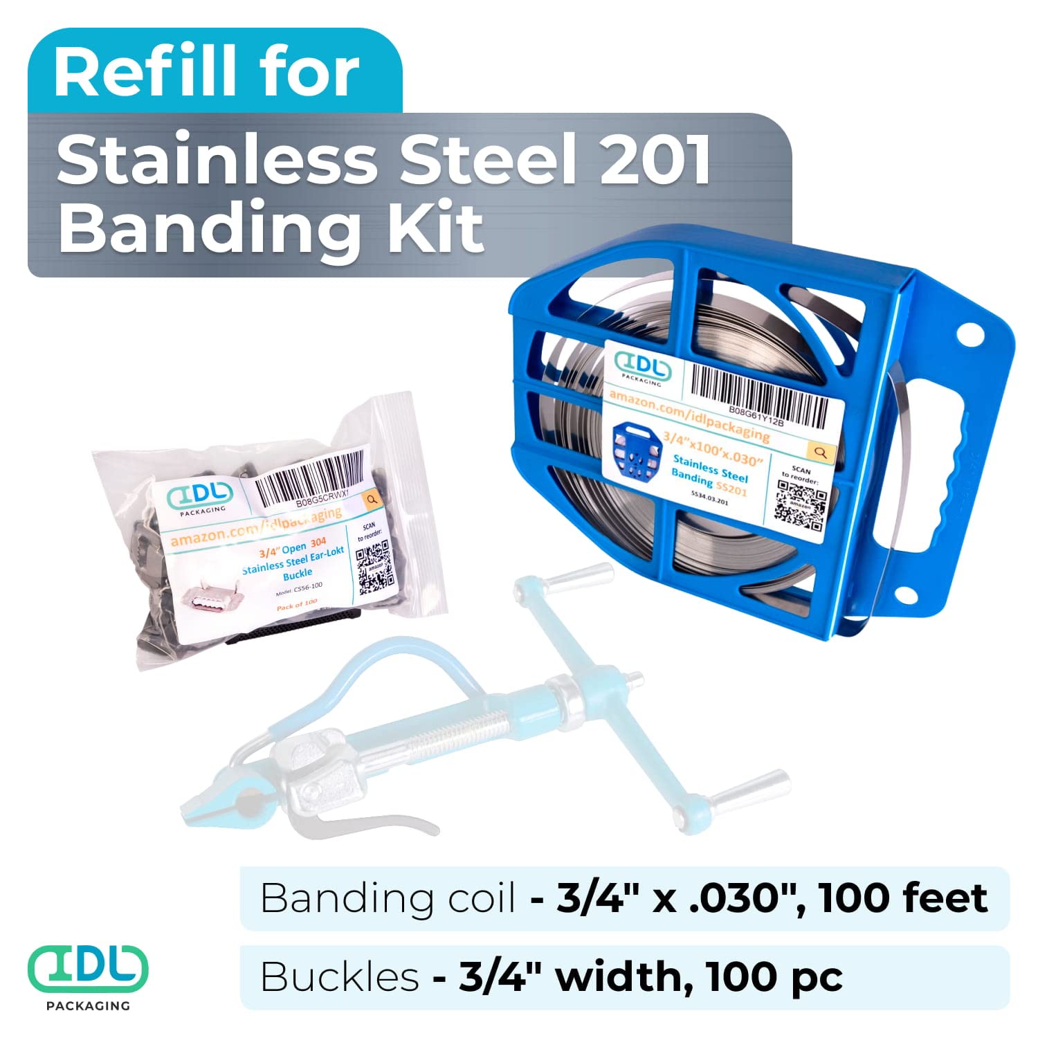 IDL Packaging Repuesto para kit de bandas de acero inoxidable 201 de 34 pulgadas – Bobina de bandas de acero inoxidable 201 de 34 pulgadas x 0.03
