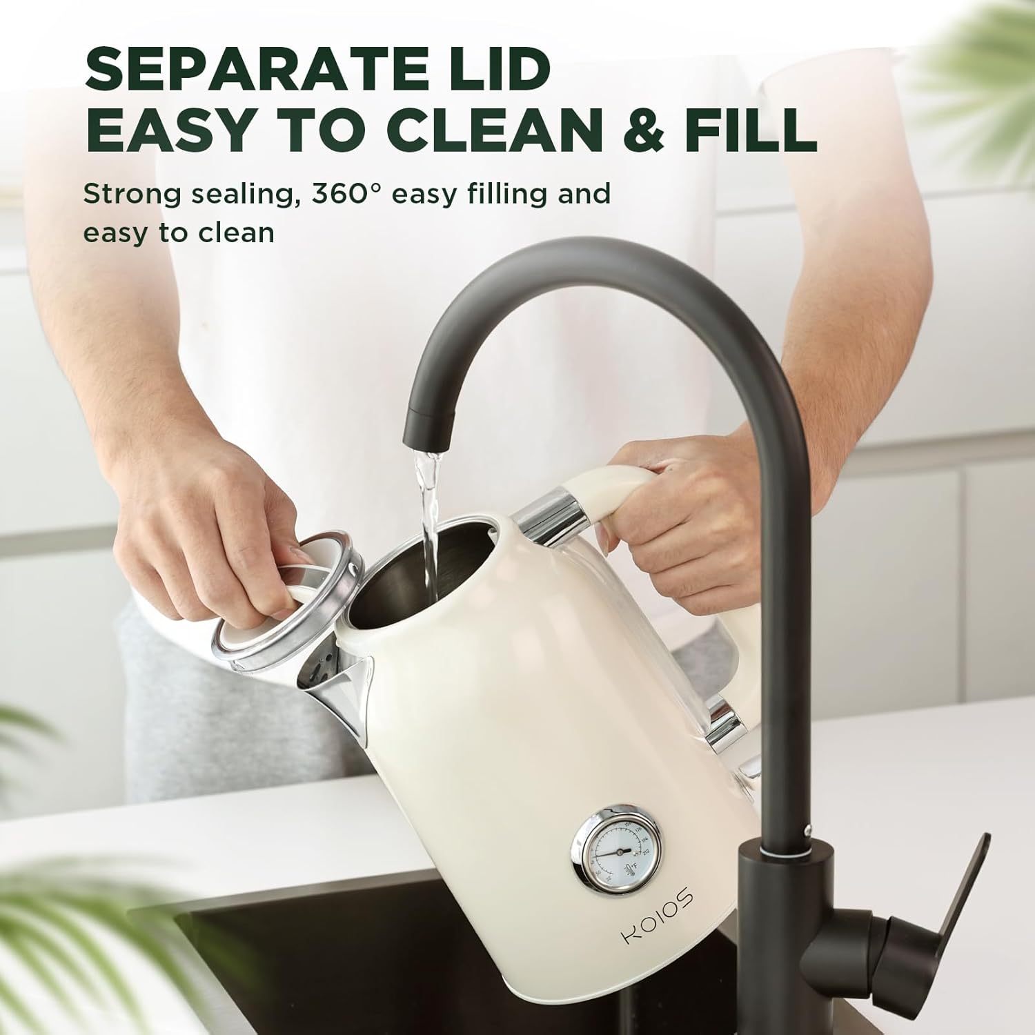KOIOS – Hervidor de té eléctrico con termómetro, caldera de agua rápida de acero inoxidable sin BPA de 1.7L 1500 W con indicador LED, olla de té