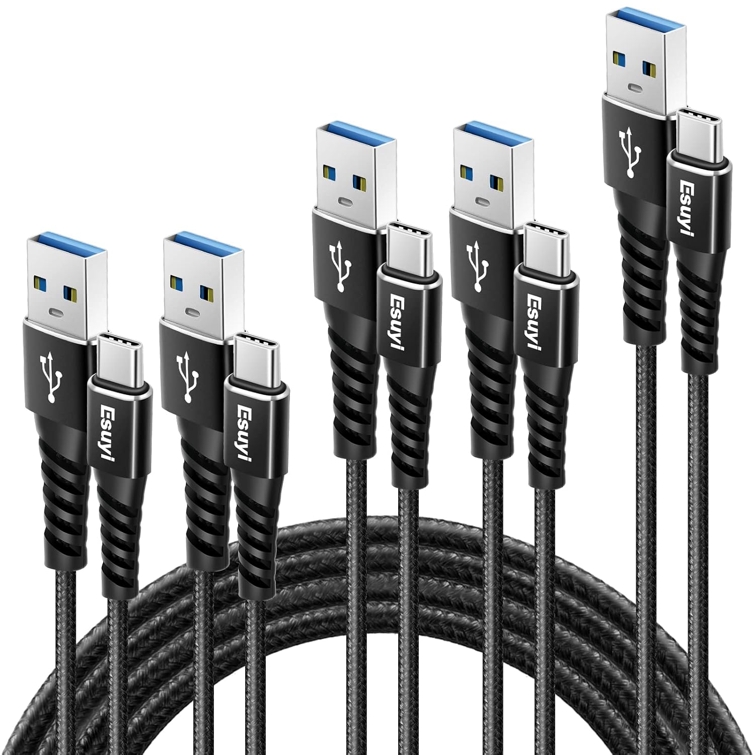 Esuyi Cable USB tipo C, 3.1A de carga rápida QC3.0, paquete de 5 unidades de 3.3 pies, 3.3 pies, 6.6 pies, 6.6 pies, 10 pies, USB-C a USB-A, cable