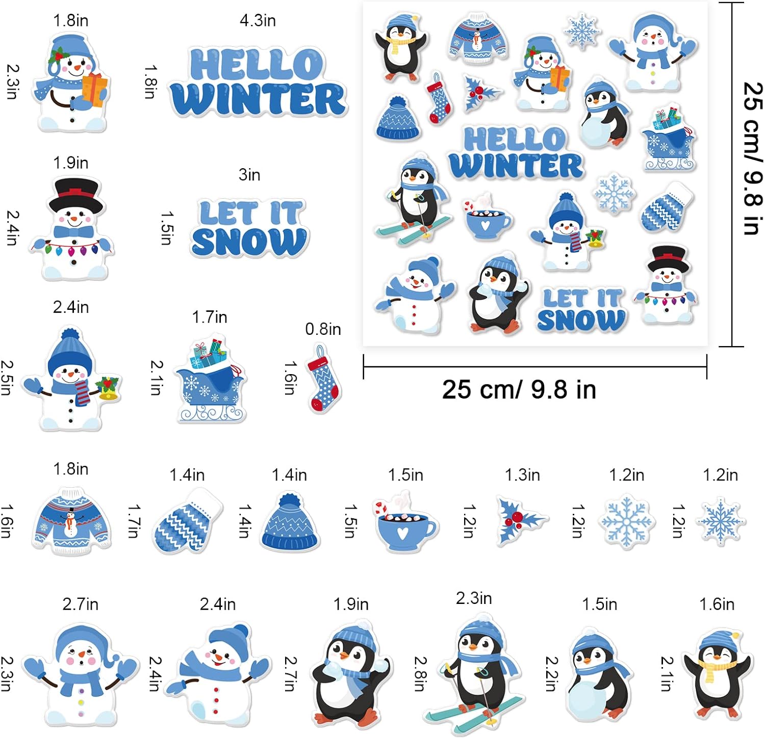 Whaline 2 hojas de calcomanías de gel gruesas de invierno, muñeco de nieve, pingüino, copo de nieve, ventana, reutilizables, lindos hola invierno,