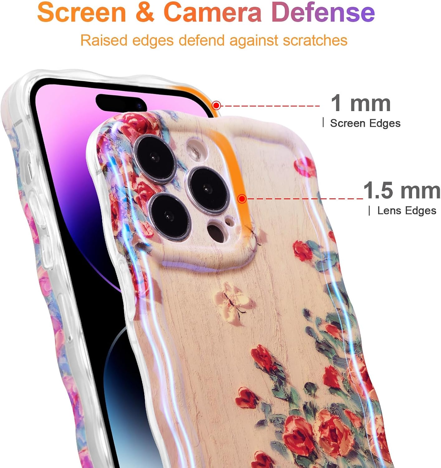 EYZUTAK Funda para iPhone 12 Pro Max, colorida pintura al óleo retro impresa flor patrón brillante láser lindo borde ondulado rizado exquisita
