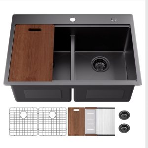 ALWEN Fregadero de cocina doble de 33 pulgadas, color negro, hecho a mano, con estación de trabajo de montaje superior, calibre 16, fregadero de ALWEN Fregadero de cocina doble de 33 pulgadas, color negro, hecho a mano, con estación de trabajo de montaje superior, calibre 16, fregadero de