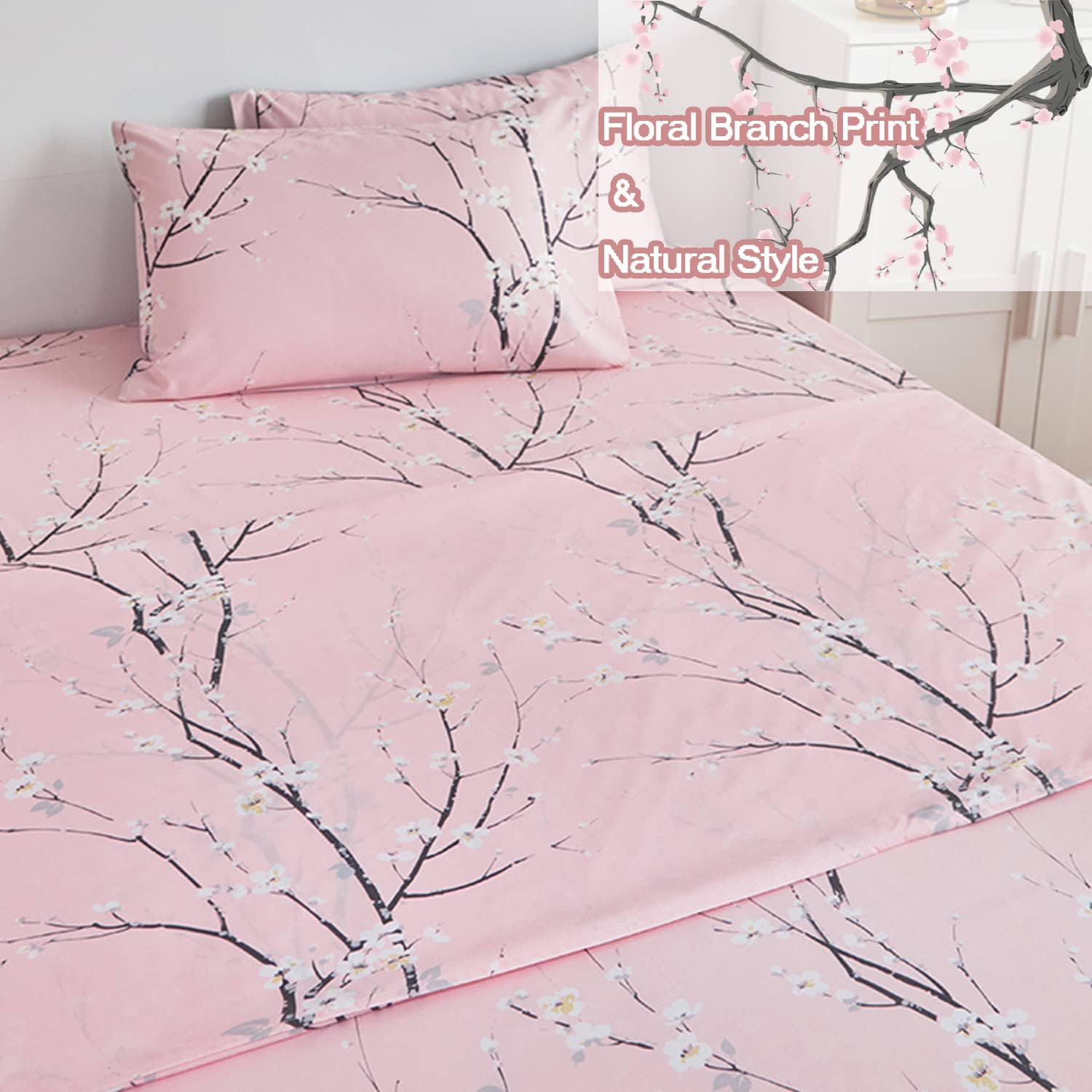 ZRNBAST Juego de sábanas tamaño King de 4 piezas color rubor con bolsillo profundo con estampado de ramas florales, juego de sábanas de color rosa