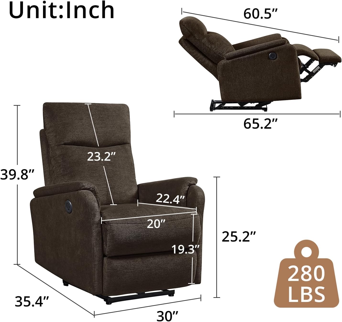 Silla reclinable para adultos y ancianos, sofá reclinable individual ergonómico, silla reclinable pequeña con puertos USB, respaldo y cojín para