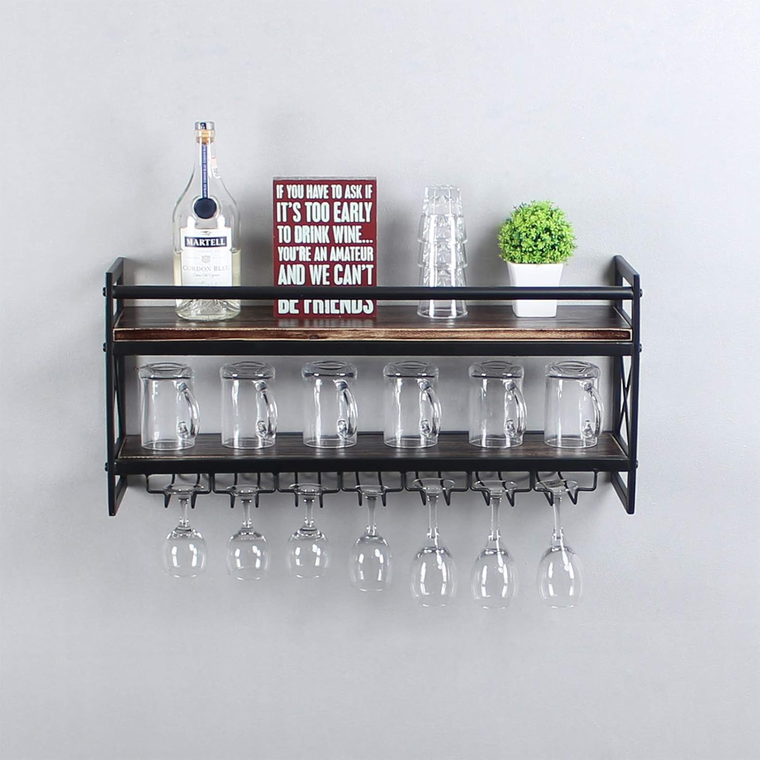 MBQQ Estante de vidrio para vino, estante industrial de madera de 2 niveles, estantes de vino de 30 pulgadas para montar en la pared con 7 soportes