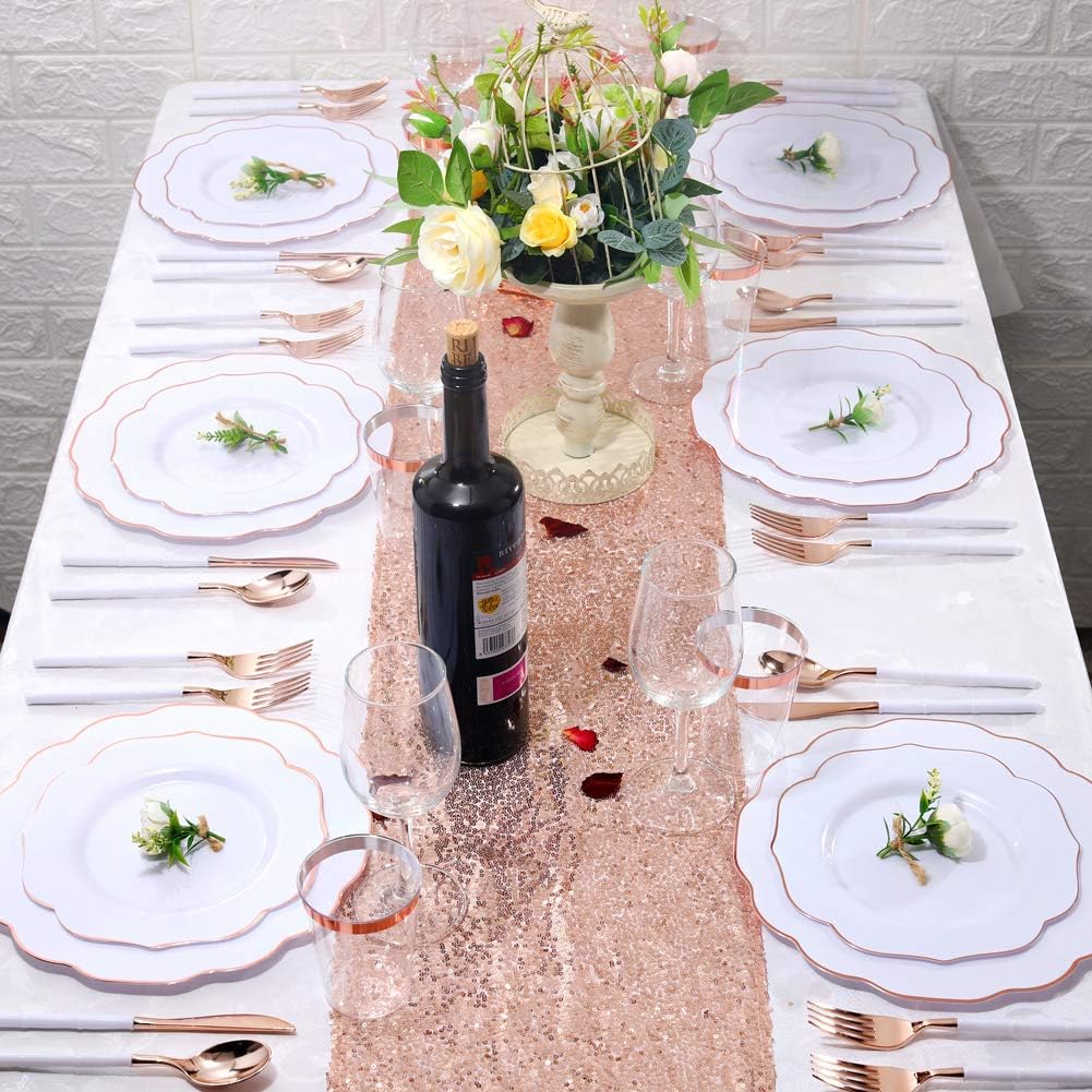 bUCLA 280 platos de plástico de oro blanco y rosa con cubiertos de plástico de oro rosa y vasos de plástico desechables y copas de champán de