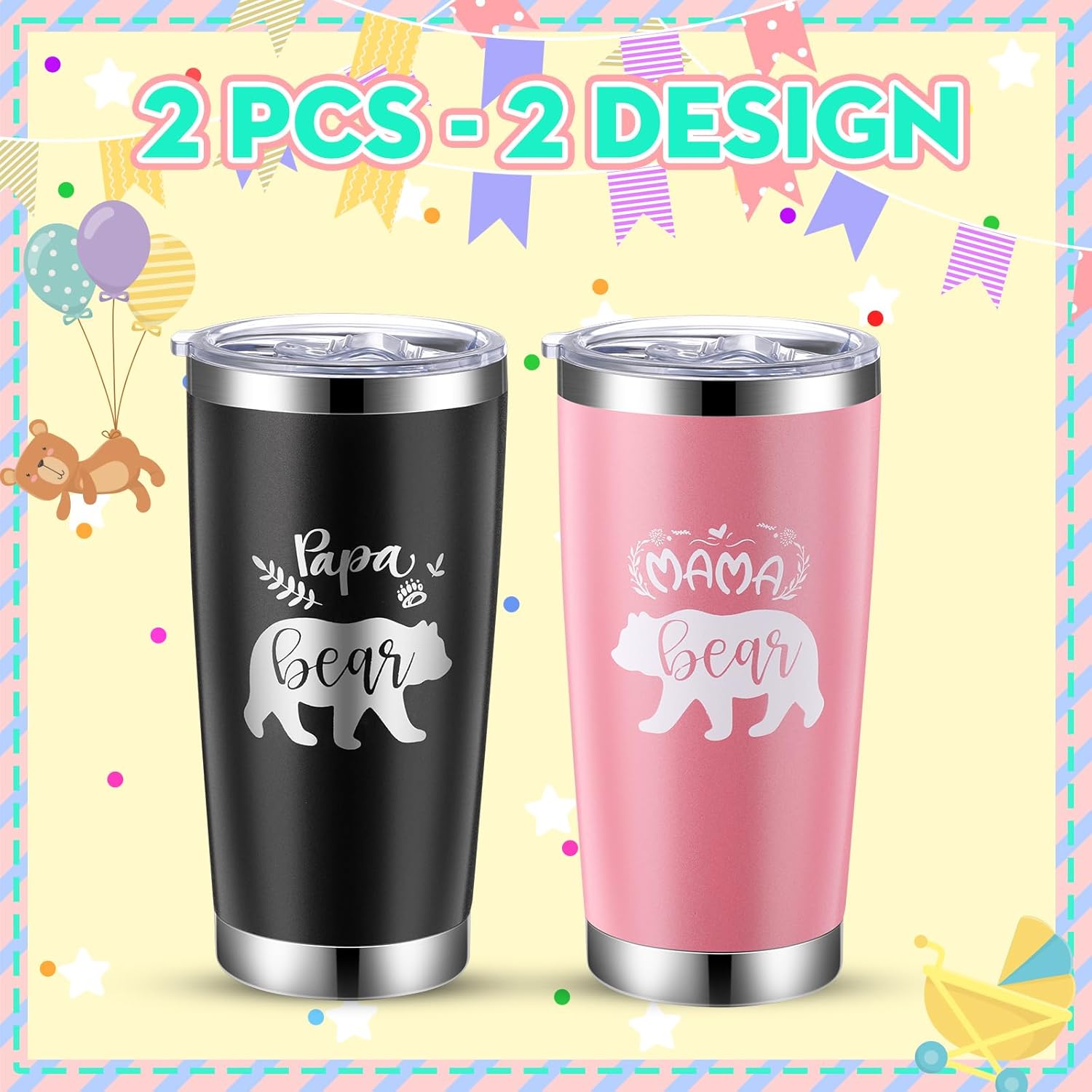 Ziliny Juego de 2 vasos con aislamiento de acero inoxidable de 20 onzas con tapa para pajitas, regalos para papá, mamá, pareja, papá, mamá,